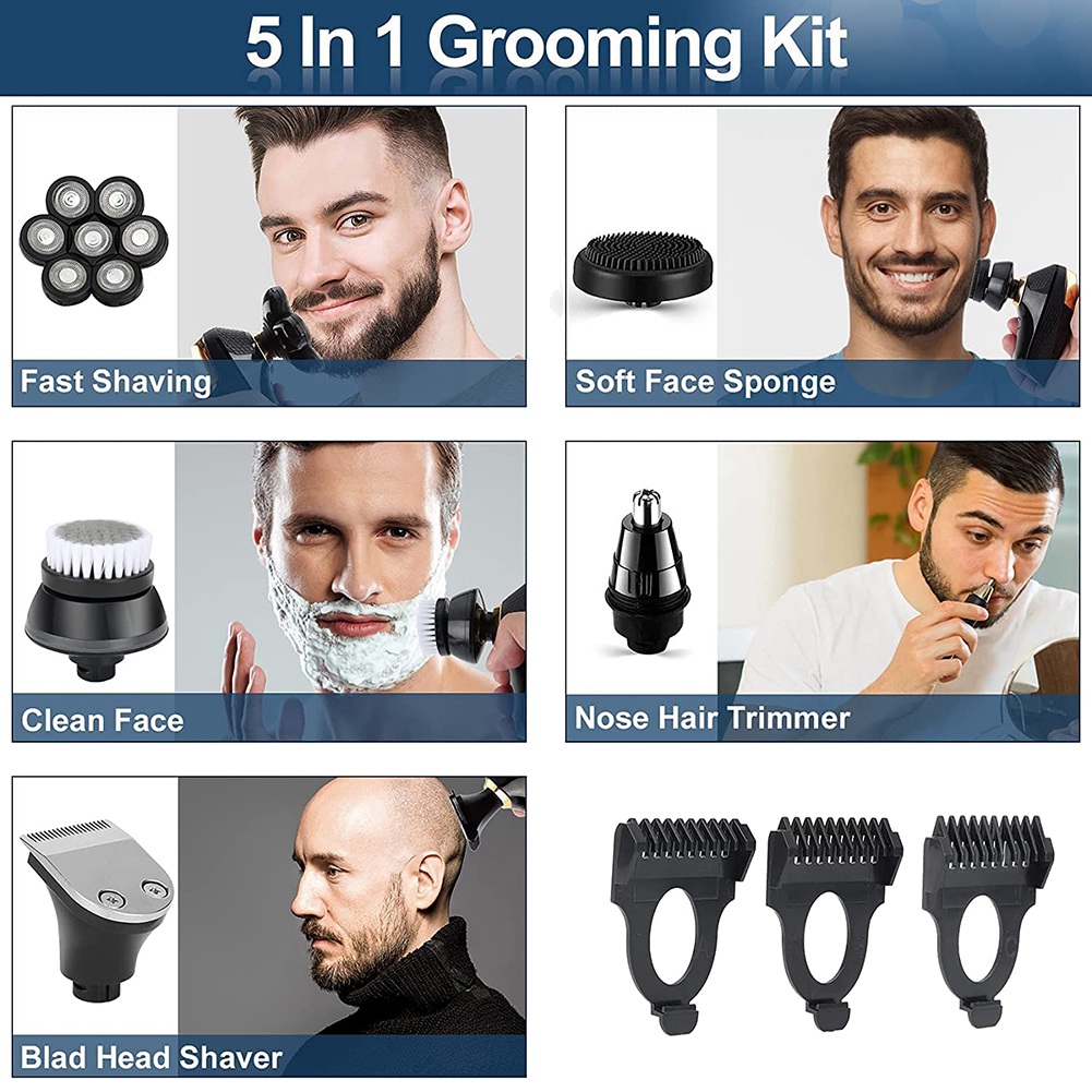 Men'S Grooming Razor Kit - A66Z 7D 男性用電気カミソリ、5 in 1 ヘッドシェーバー、ハゲ男性用、電気ロータリーシェーバー防水グルーミングキットコードレス